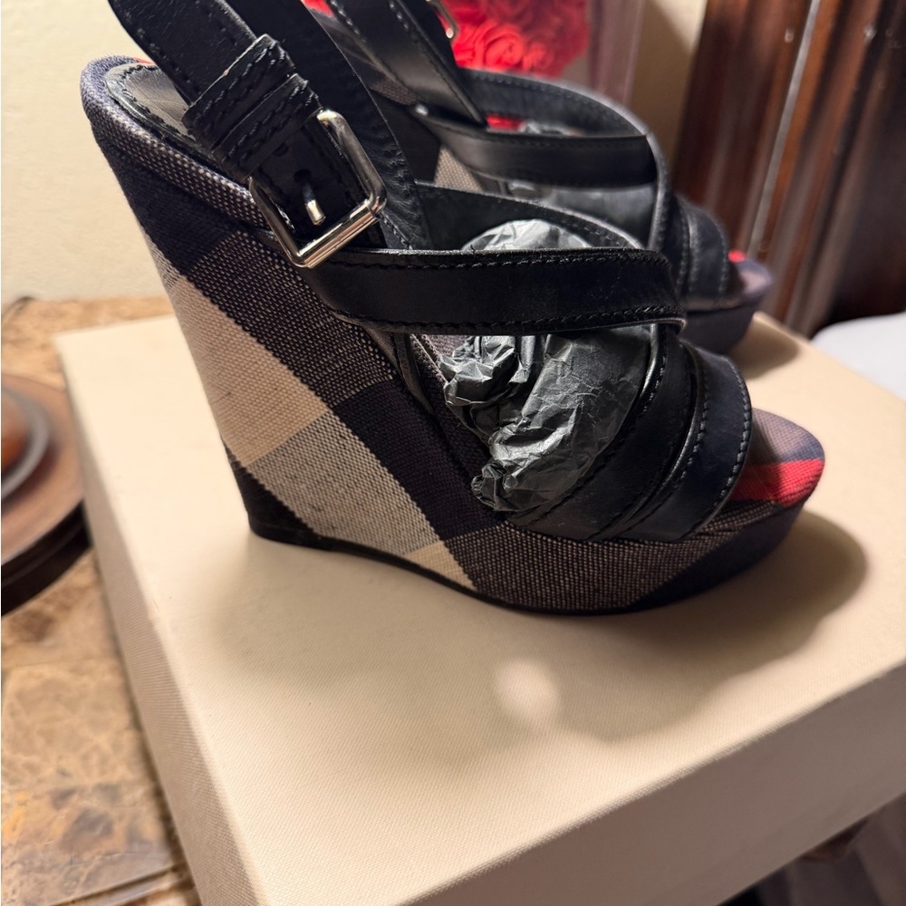 Burberry Black and Red Plaid Wedges